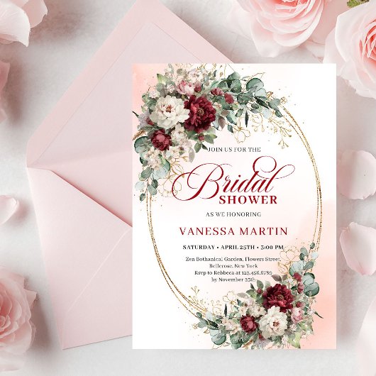 Pretty Marsala Flowers Gold Bridal Shower Invite 招待状