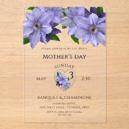 Pretty Mauve Flowers, Mother's Day Celebration アクリル招待状 (正面)