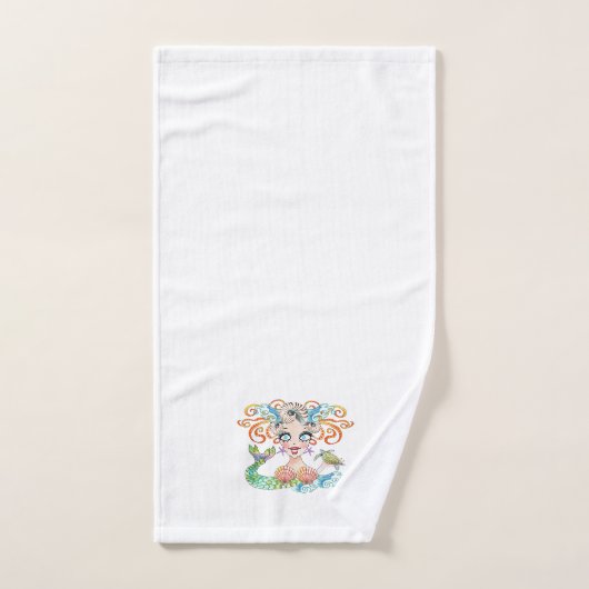 Pretty Mermaid with Turtle on White ハンドタオル (ハンドタオル)