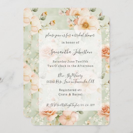 Pretty Mint Peach Floral Bridal Shower 招待状 (正面/裏面)
