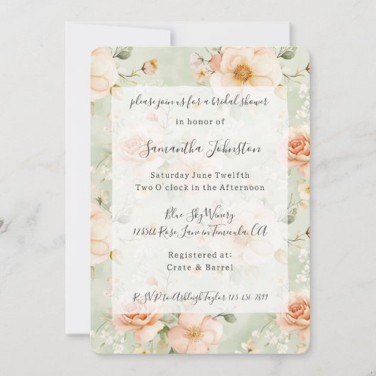 Pretty Mint Peach Floral Bridal Shower 招待状 (正面)