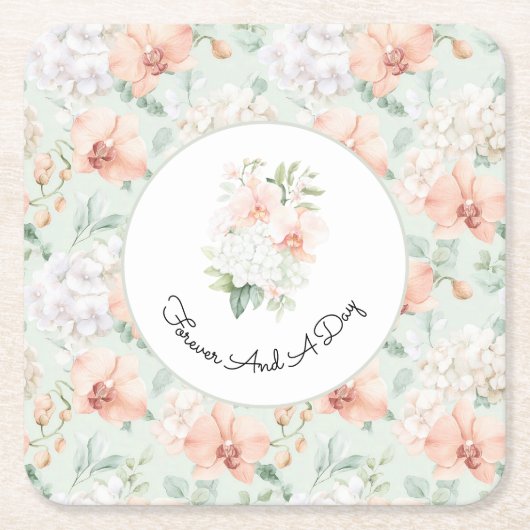  Pretty Mint Peach Orchid Flowers Wedding スクエアペーパーコースター (正面)