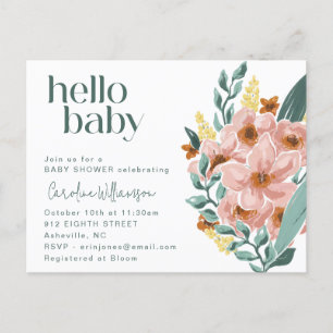 Pretty Mint Sage Pink Floral はじめましてベビーシャワー ポストカード