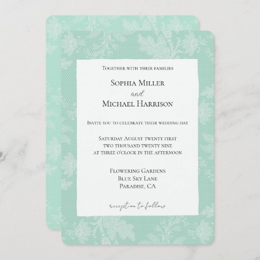 Pretty Mint White Floral Faux Lace Wedding 招待状 (正面/裏面)