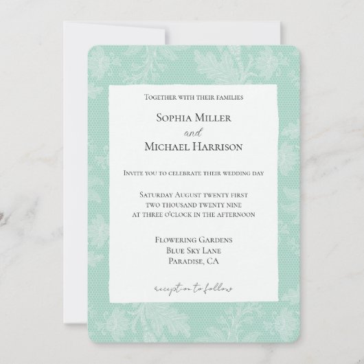 Pretty Mint White Floral Faux Lace Wedding 招待状 (正面)