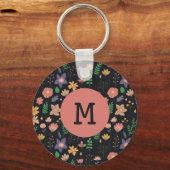 Pretty Modern Dark Floral Pattern Monogram キーホルダー (正面)