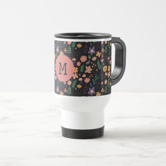 Pretty Modern Dark Floral Pattern Monogram トラベルマグ (正面右)