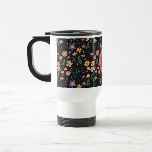Pretty Modern Dark Floral Pattern Monogram トラベルマグ (左)
