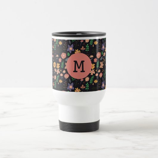 Pretty Modern Dark Floral Pattern Monogram トラベルマグ (中央)