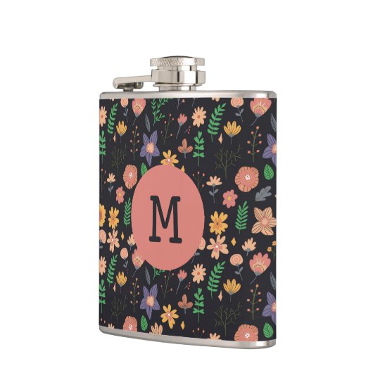 Pretty Modern Dark Floral Pattern Monogram フラスク (左)