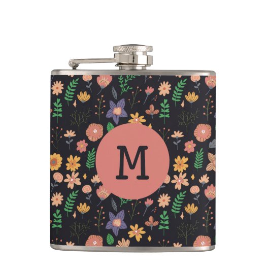 Pretty Modern Dark Floral Pattern Monogram フラスク (正面)