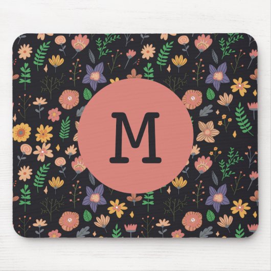 Pretty Modern Dark Floral Pattern Monogram マウスパッド (正面)