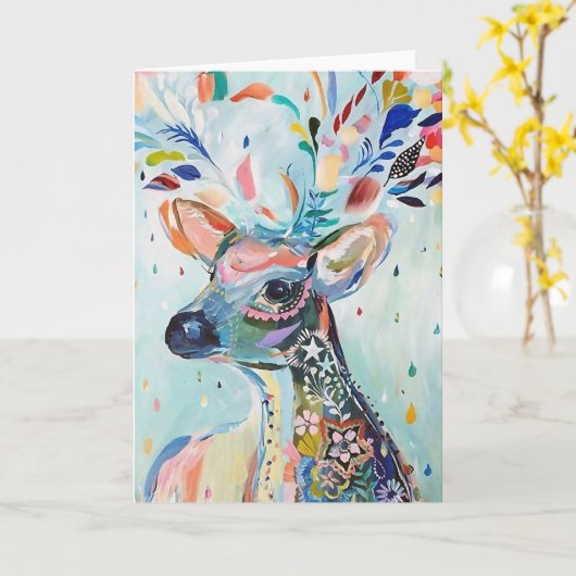 Pretty Modern Deer Art Flower Antlers カード (黄色い花)