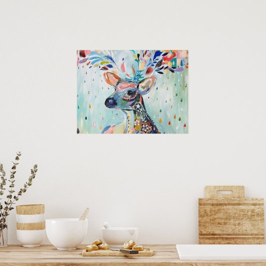 Pretty Modern Deer Art Flower Antlers ポスター (キッチン)
