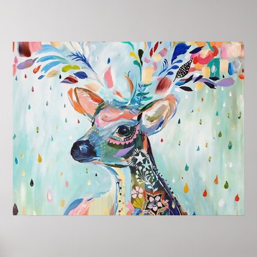 Pretty Modern Deer Art Flower Antlers ポスター (正面)