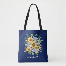 Pretty Modern Navy Sunflower & Wildflowers Design トートバッグ