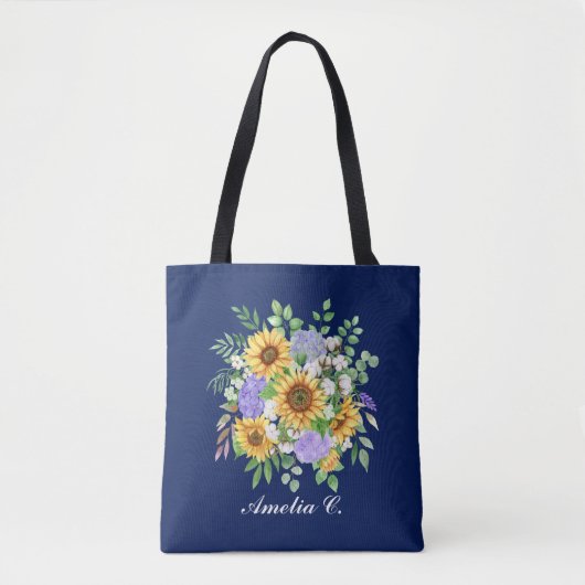 Pretty Modern Navy Sunflower & Wildflowers Design トートバッグ (正面)