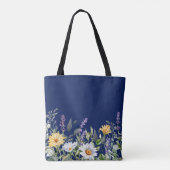 Pretty Modern Navy Sunflower & Wildflowers Design トートバッグ (裏面)