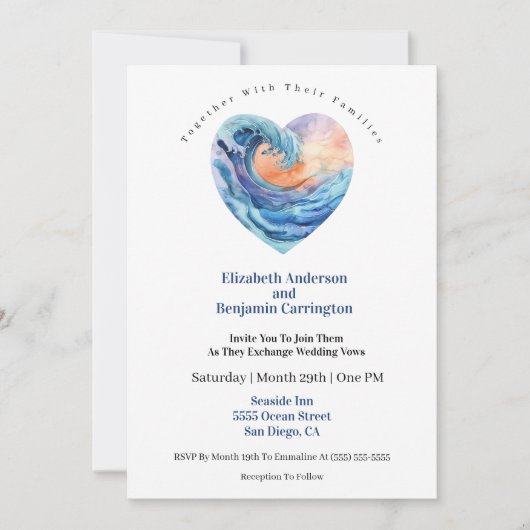 Pretty Ocean Wave Heart Wedding 招待状 (正面)