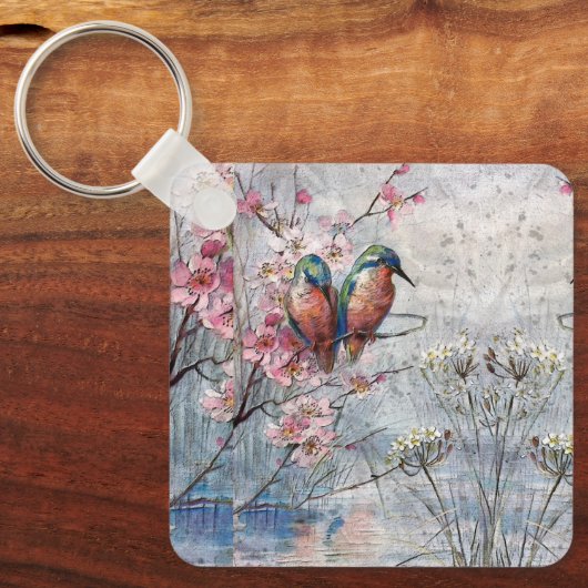 Pretty Painted Kingfishers and Flowers キーホルダー (正面)
