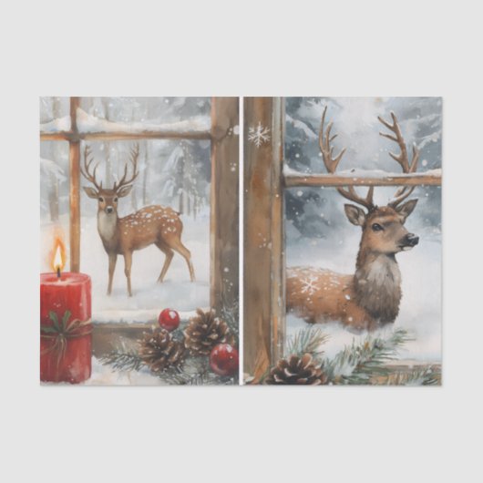 Pretty Pair of Deer in Window Panes in Winter 薄葉紙 (正面)