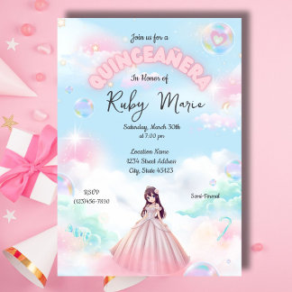 Pretty Pastel Anime Girl Quinceanera Invitation 招待状