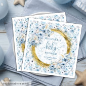 Pretty pastel blue flowers gold baby shower napkin