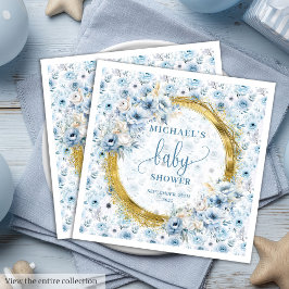Pretty pastel blue flowers gold baby shower napkin