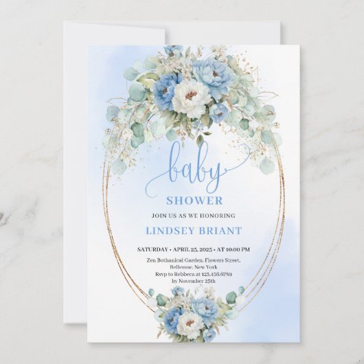 Pretty Pastel Blue Peony Gold Baby Shower Invite 招待状 (正面)