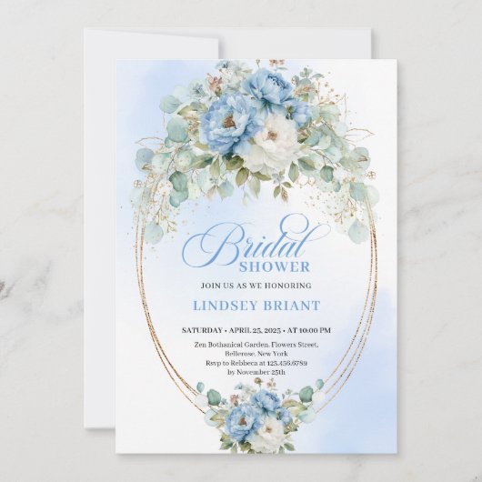 Pretty Pastel Blue Peony Gold Bridal Shower Invite 招待状 (正面)