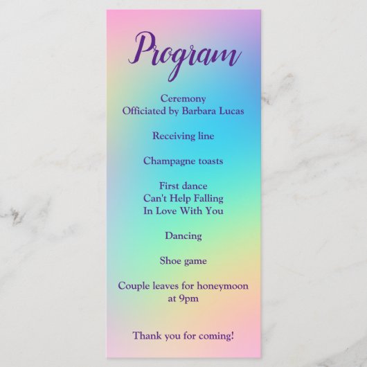 Pretty Pastel Rainbow Gradient Wedding Program プログラム (正面)