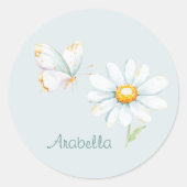 Pretty Pastel Watercolor Butterfly and Daisy ラウンドシール (正面)