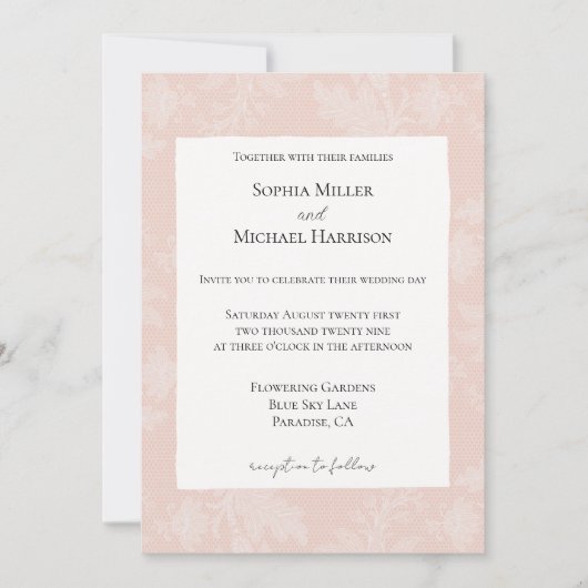 Pretty Peach Blush White Floral Faux Lace Wedding 招待状 (正面)