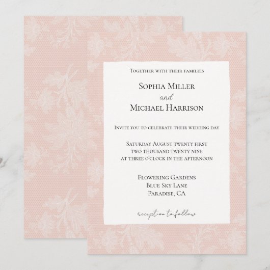 Pretty Peach Blush White Floral Faux Lace Wedding 招待状 (正面/裏面)