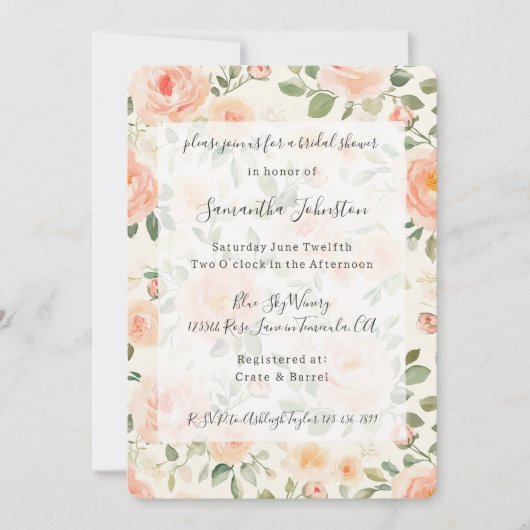 Pretty Peach Floral Bridal Shower 招待状 (正面)