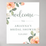 Pretty Peach Floral | Bridal Shower Welcome Sign ポスター<br><div class="desc">This trendy bridal shower welcome sign features a clean,  white background with trendy peach and white flowers with lots of green leaves.</div>