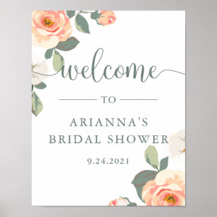 Pretty Peach Floral Bridal Shower Welcome Sign ポスター