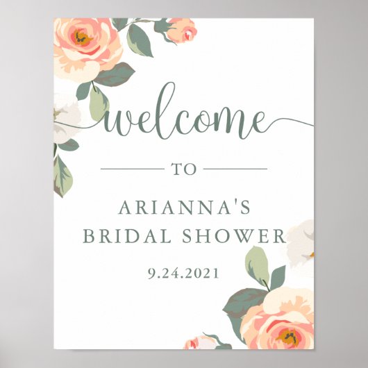 Pretty Peach Floral | Bridal Shower Welcome Sign ポスター (正面)