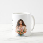 Pretty Peach Floral Dreams Brown Hair Lady コーヒーマグカップ (正面右)