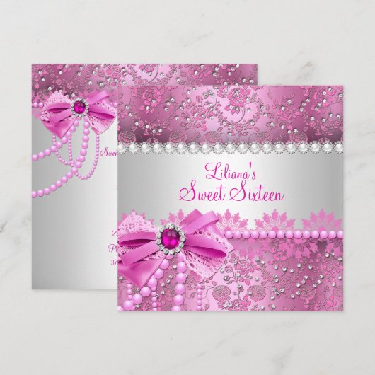 Pretty Pearl Bow Lace Pink Silver Sweet 16 招待状 (正面/裏面)