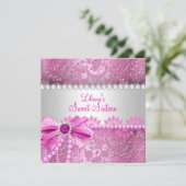 Pretty Pearl Bow Lace Pink Silver Sweet 16 招待状 (スタンド正面)
