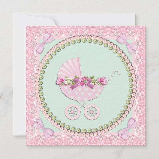 Pretty Pearl Pink and Green Baby Shower 招待状 (正面)
