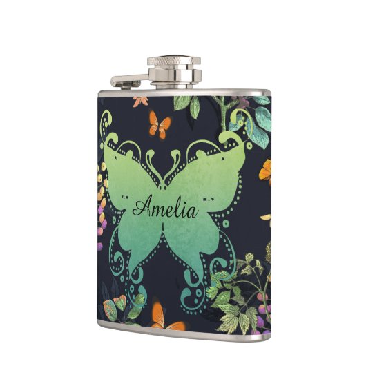Pretty Personalised Dark Floral Butterfly Pattern フラスク (左)