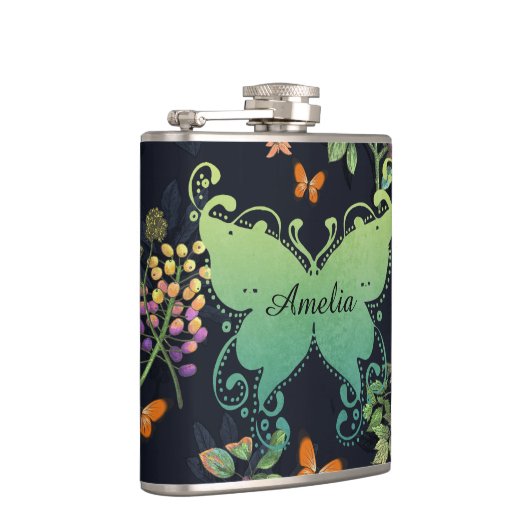 Pretty Personalised Dark Floral Butterfly Pattern フラスク (右)