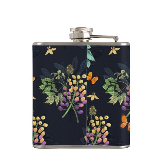 Pretty Personalised Dark Floral Butterfly Pattern フラスク (裏面)