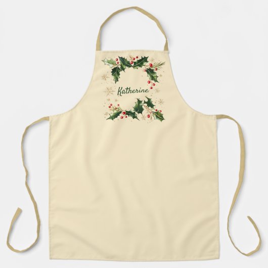 Pretty Personalized Holly & Snowflakes Xmas Apron エプロン (正面)
