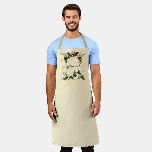 Pretty Personalized Holly & Snowflakes Xmas Apron エプロン (着用した状態)