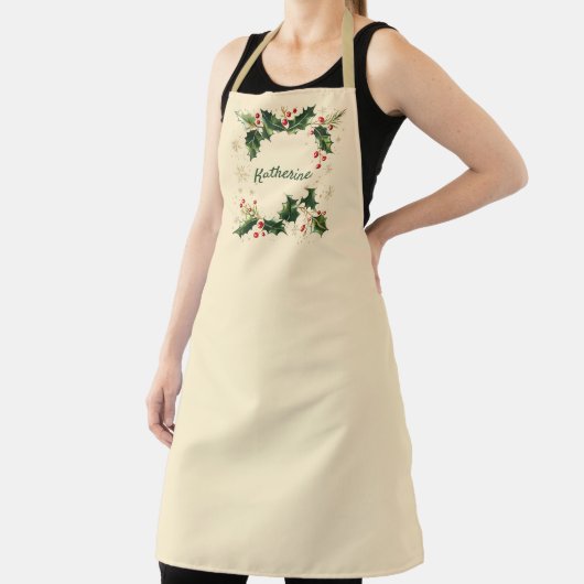 Pretty Personalized Holly & Snowflakes Xmas Apron エプロン (インサイチュ)