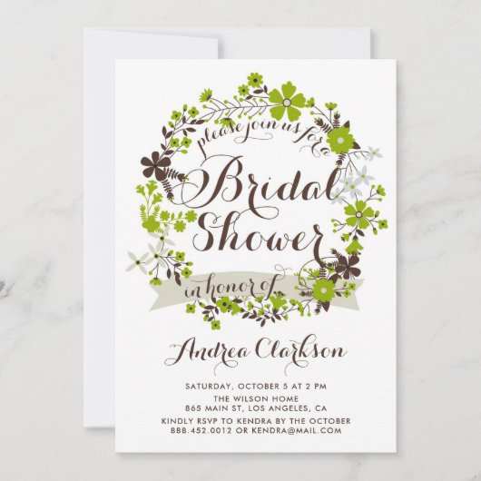 Pretty PinkとGrayの花のリース ブライダルシャワー 招待状 (正面)