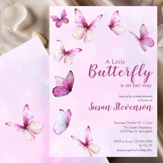 Pretty Pink A Little Butterfly ベビーシャワー 招待状